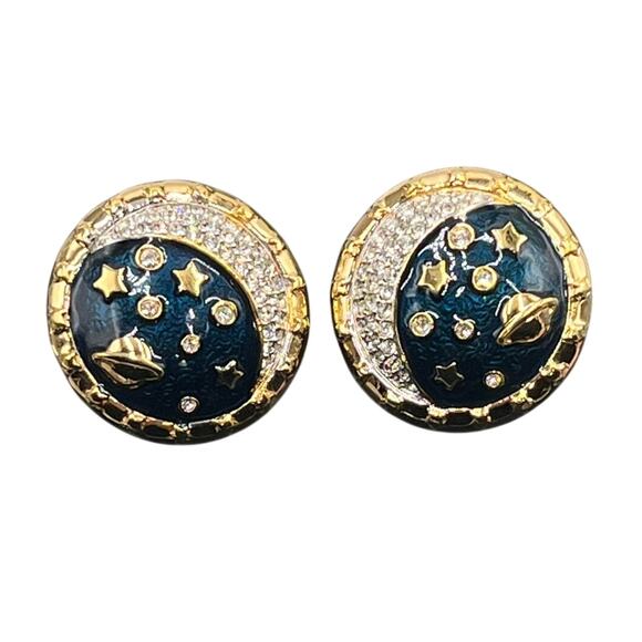 SWAROVSKI Swan Celestial Moon Stars Saturn Pave Crystal Blue Enamel Clip Earring - Picture 2 of 8